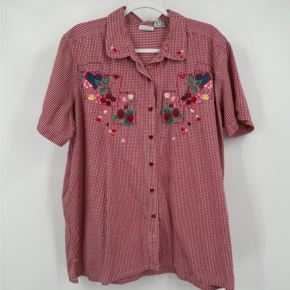 Womens Cottagecore Embroidered Gingham Top Size 18W Fruit Picnic Floral Red